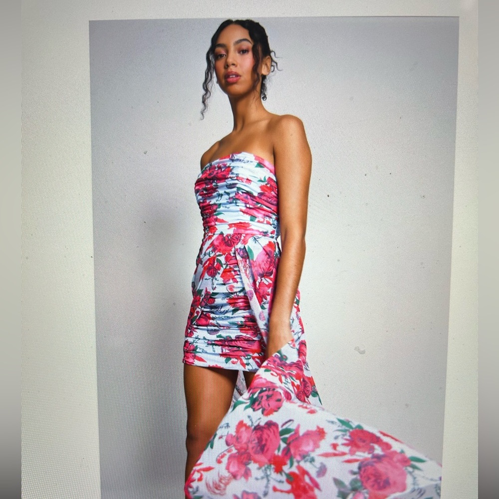 NWT Hutch Strapless Ruched Dress in Pink and Blue Floral with Gorgeous Overskirt